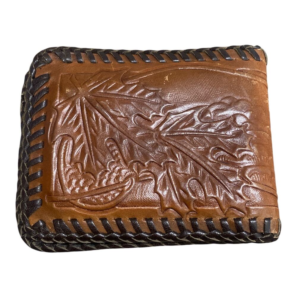 Vtg Pacific Eagle USA Tooled Leather Wallet Bifold Horse & Oak Leaves Laced Edg